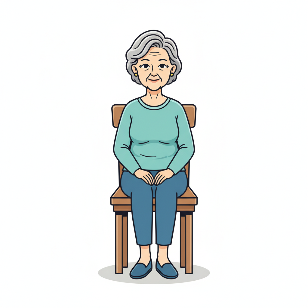 Illustration of GG demonstrating seated mountain pose in a chair
